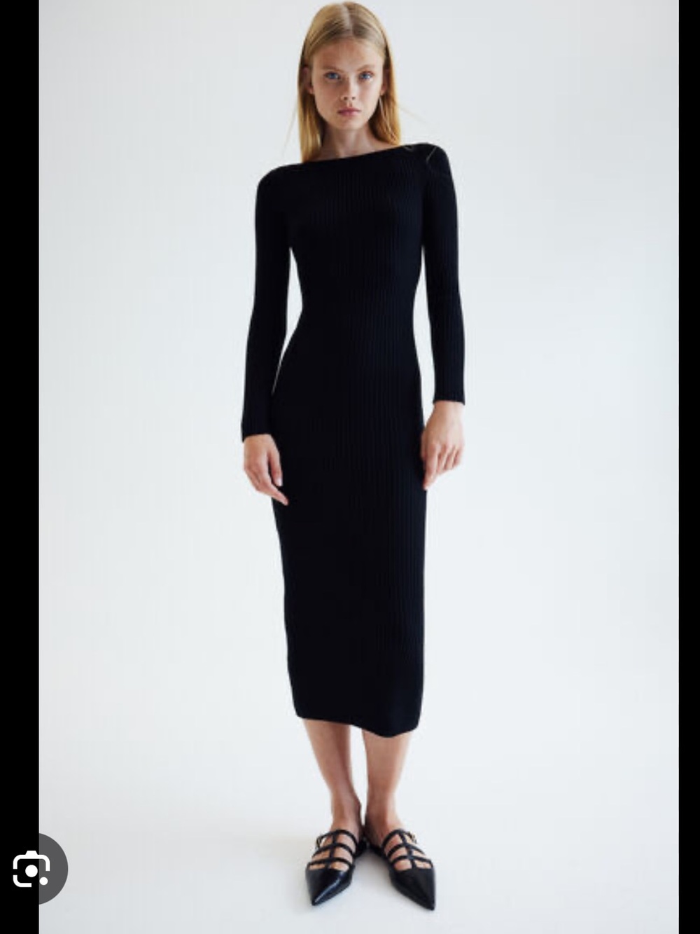 H&M Black Ribbed Long-Sleeve Boat Neck Midi Dress